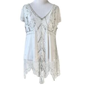 VTG Adrianna Papell Evening Top L Fairy Beaded Sequin Sheer Asymmetric Ethereal